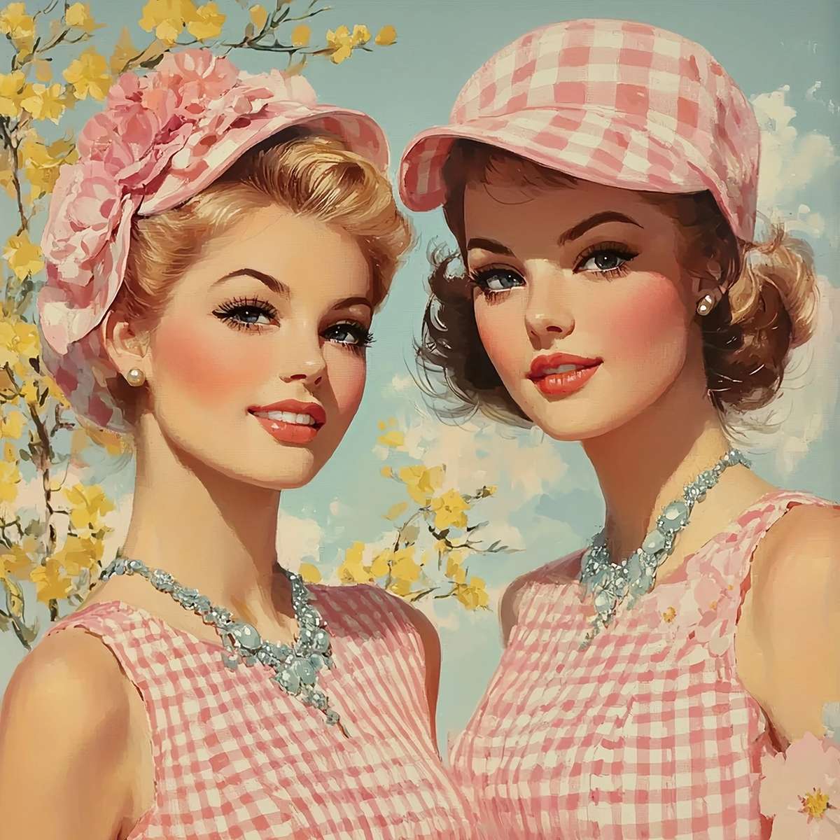 piękne panie w różowych kapelusikach puzzle online