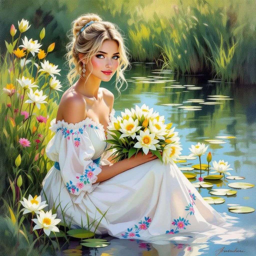 Une belle fille avec un bouquet de lys blancs puzzle en ligne