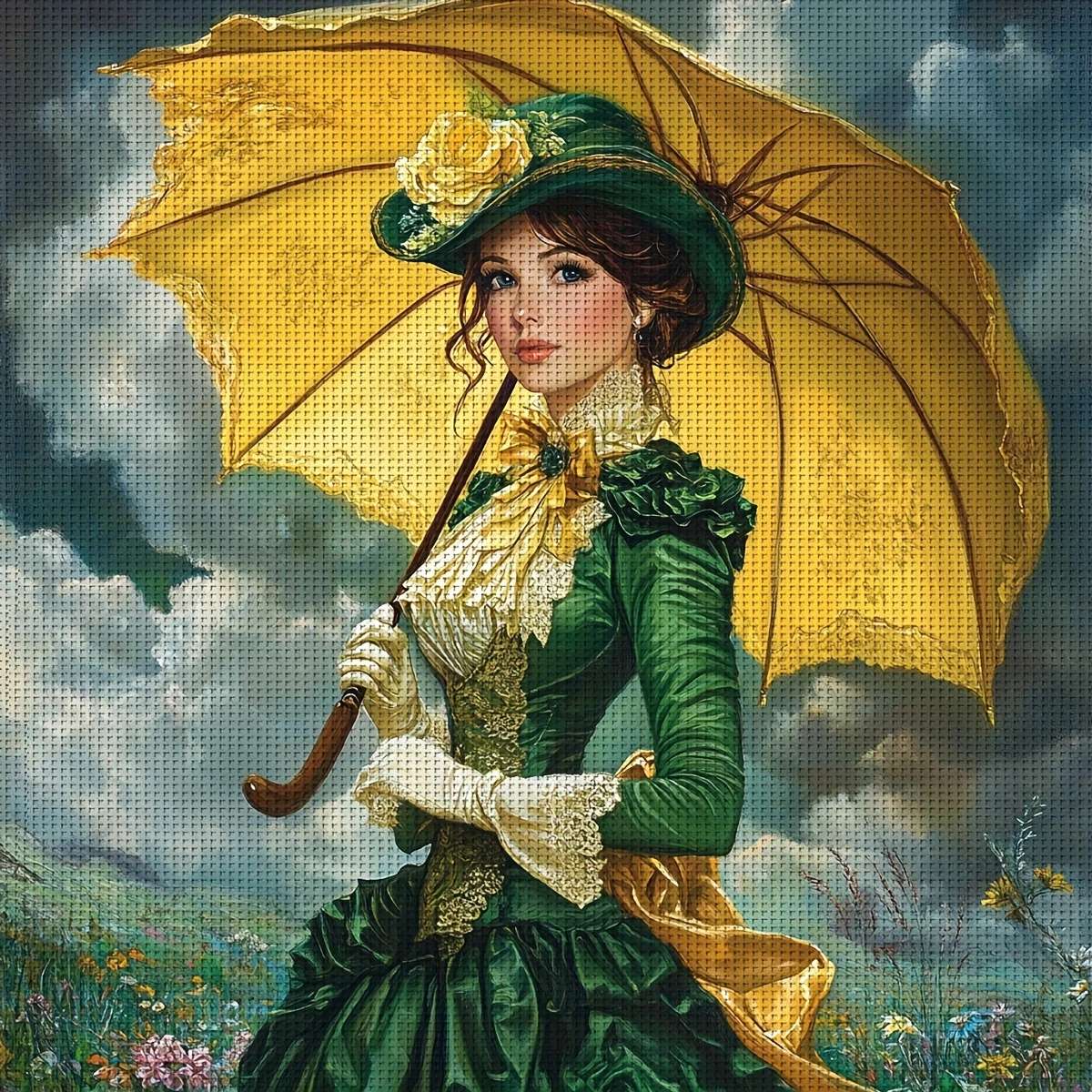 Lady under the yellow umbrella jigsaw puzzle online
