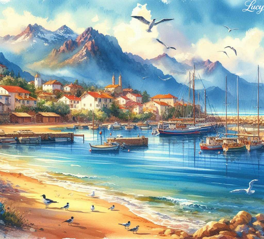 Wioska morska z górami puzzle online