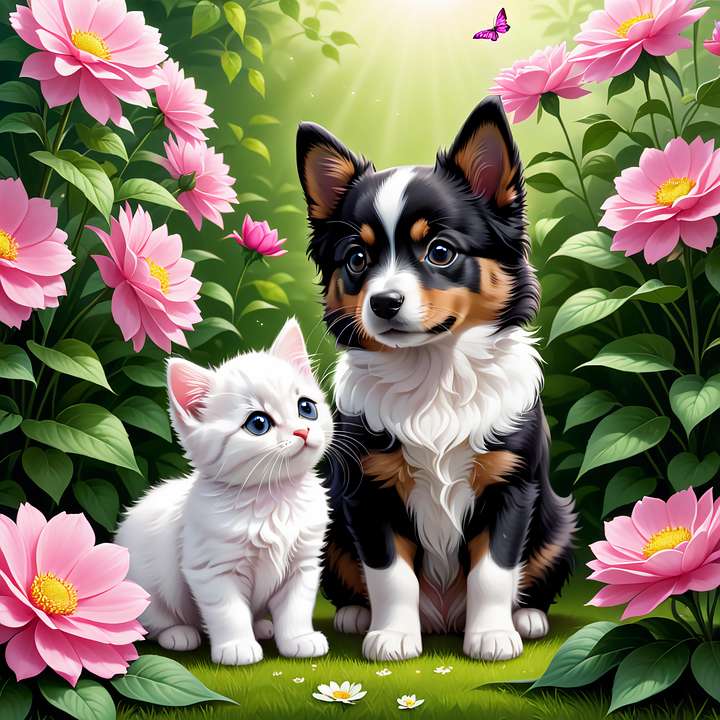 Kitten i szczeniak razem szczęśliwi puzzle online