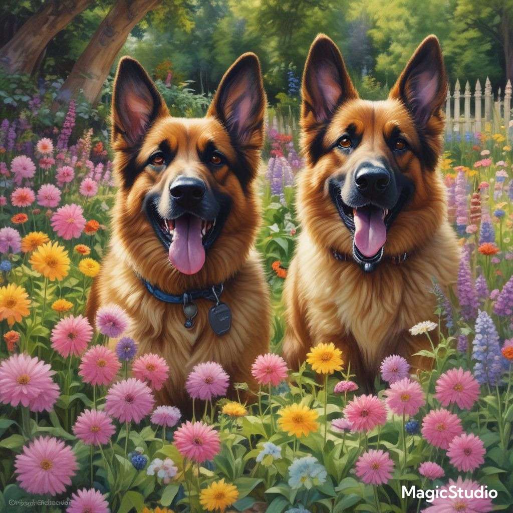 Chiens dans le jardin de fleurs puzzle en ligne