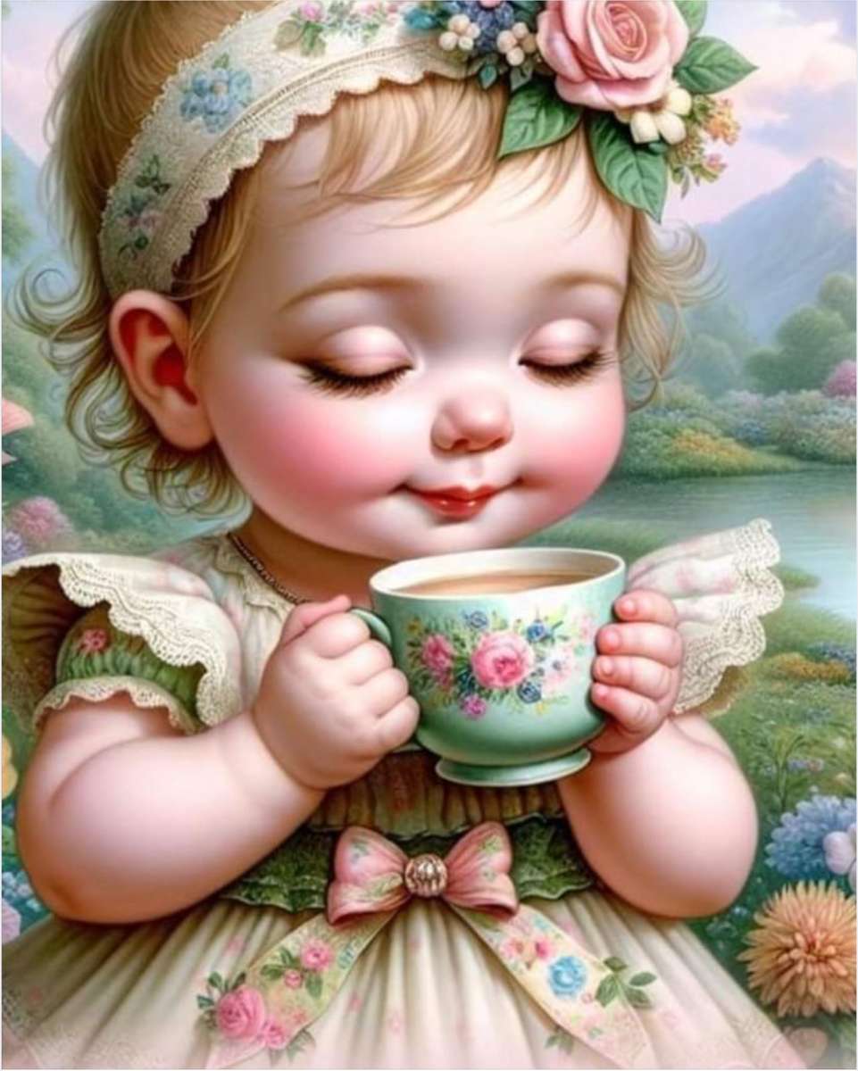 A sweet child enjoys some hot chocolate online puzzle