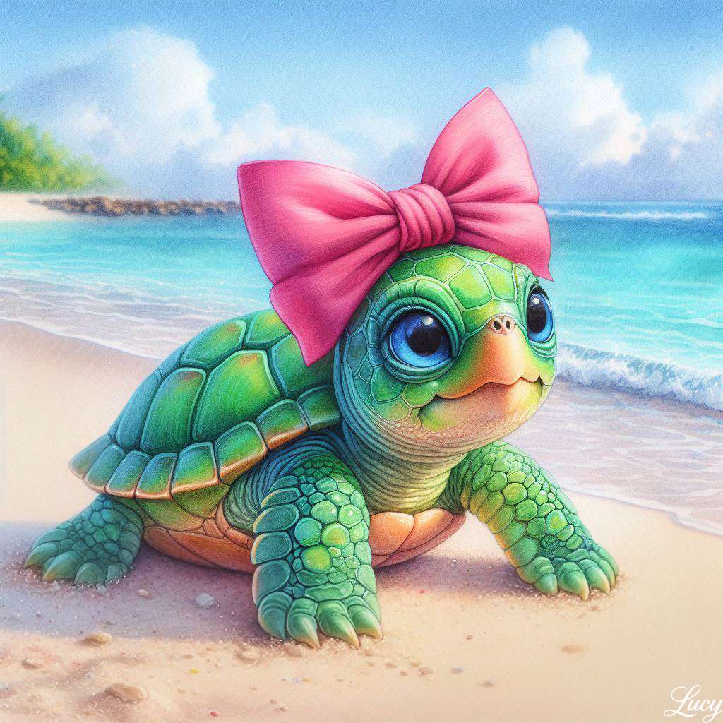 Tartaruga verde per bambini con un fiocco rosa puzzle online