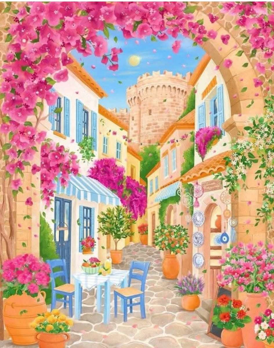 Painting of a cobblestone street online puzzle