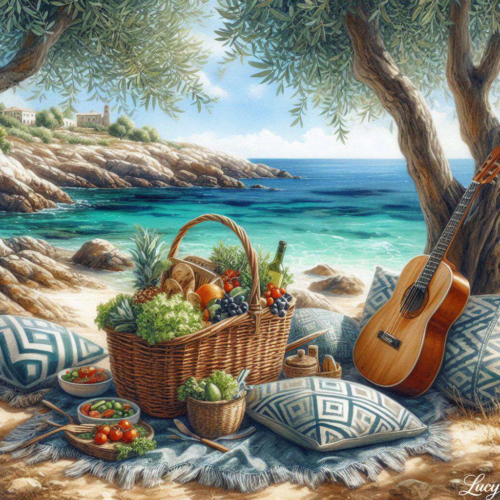 Picknick aan zee onder olijfbomen online puzzel