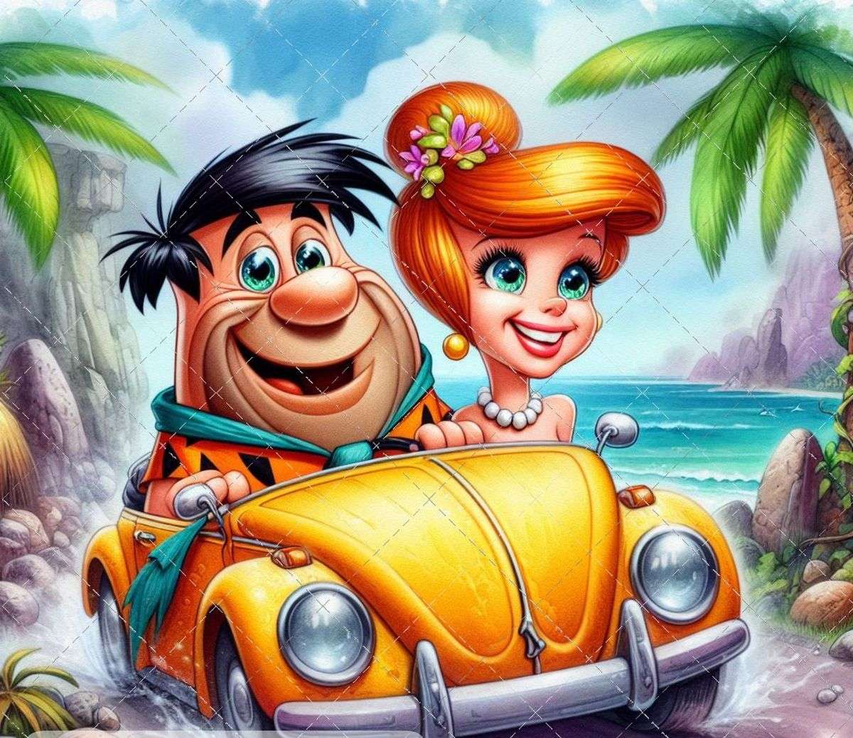 Rodzina Flintstone z nowym samochodem puzzle online