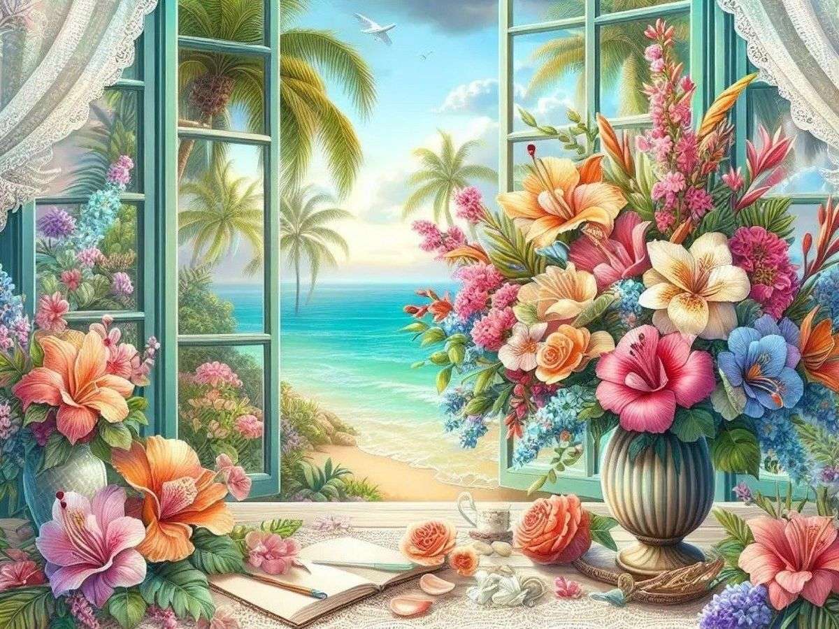 Tropikalne kwiaty na oknie puzzle online