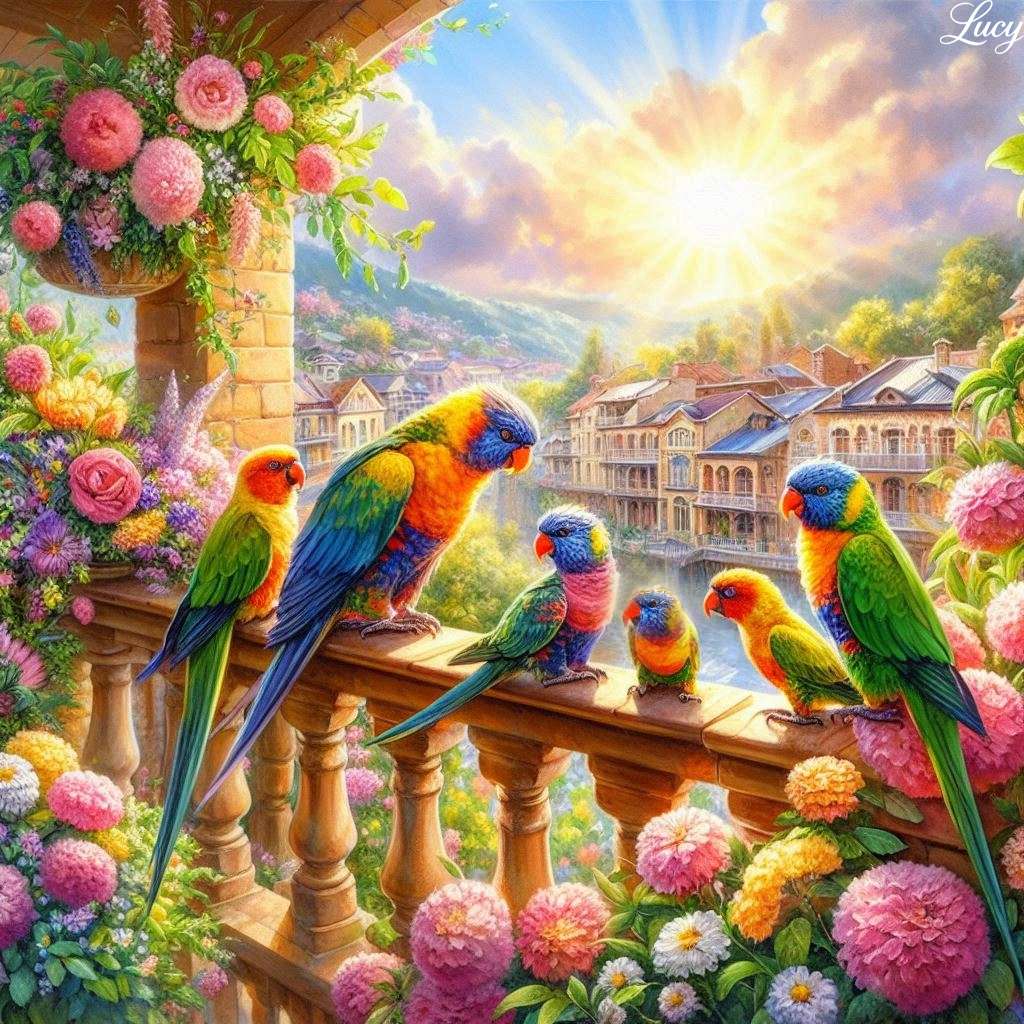 Balcony with colorful parrots jigsaw puzzle online