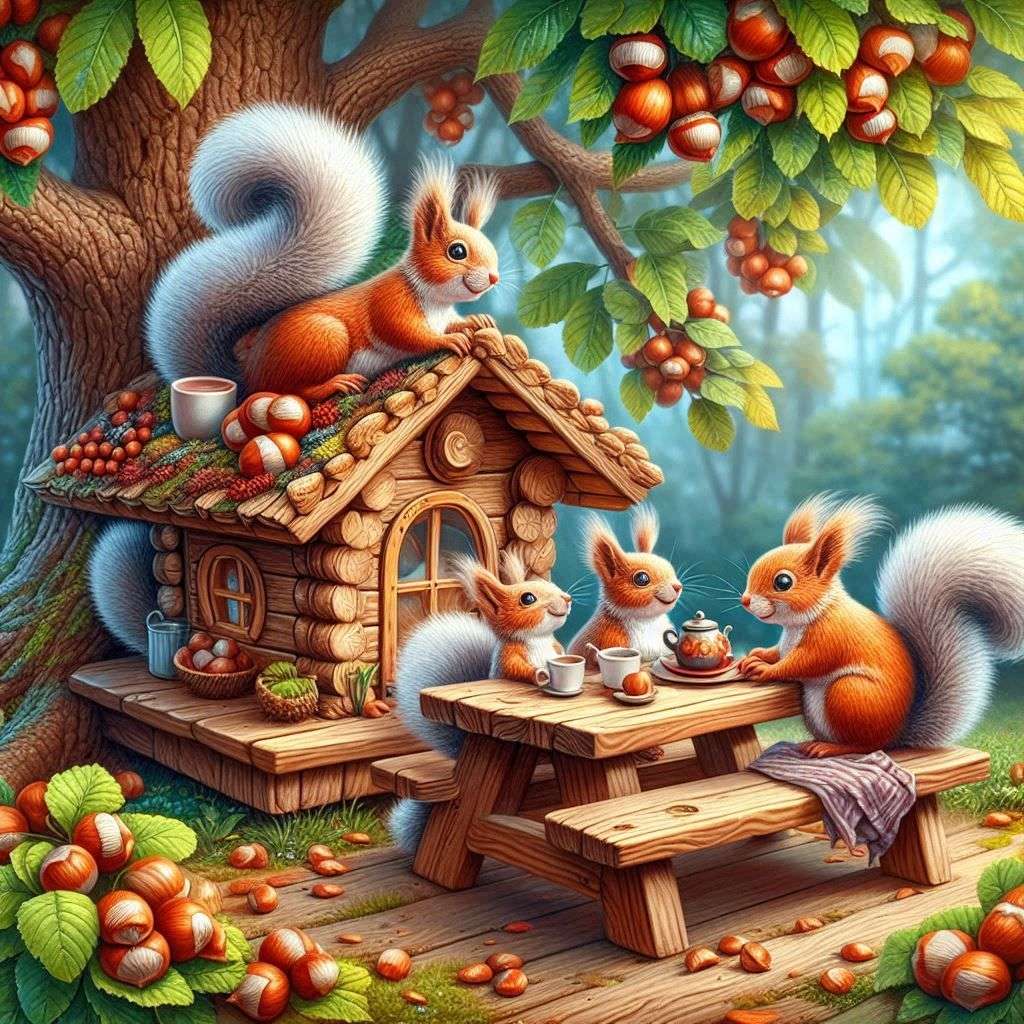 A family of squirrels and their home under the tree online puzzle