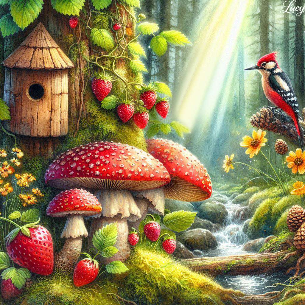 Magiczny las z czerwonymi grzybami puzzle online