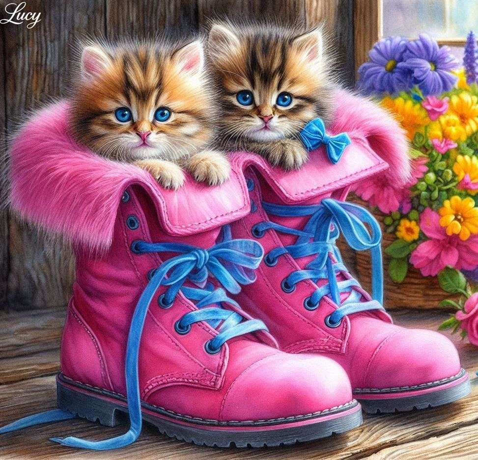 2 pluizige kittens verscholen roze laarzen online puzzel