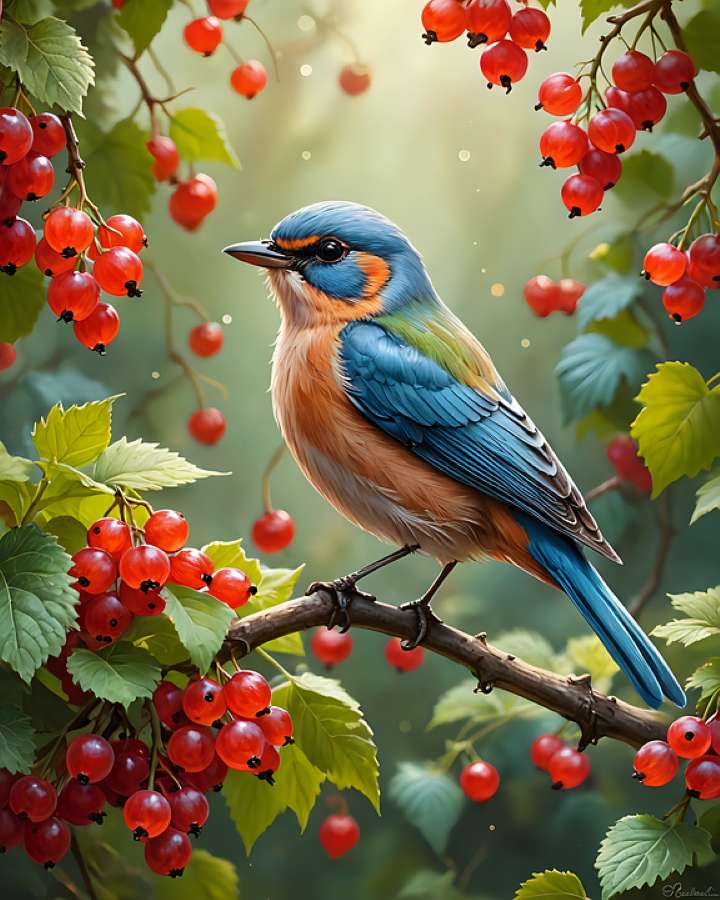 Bel uccello in un albero di bacche puzzle online