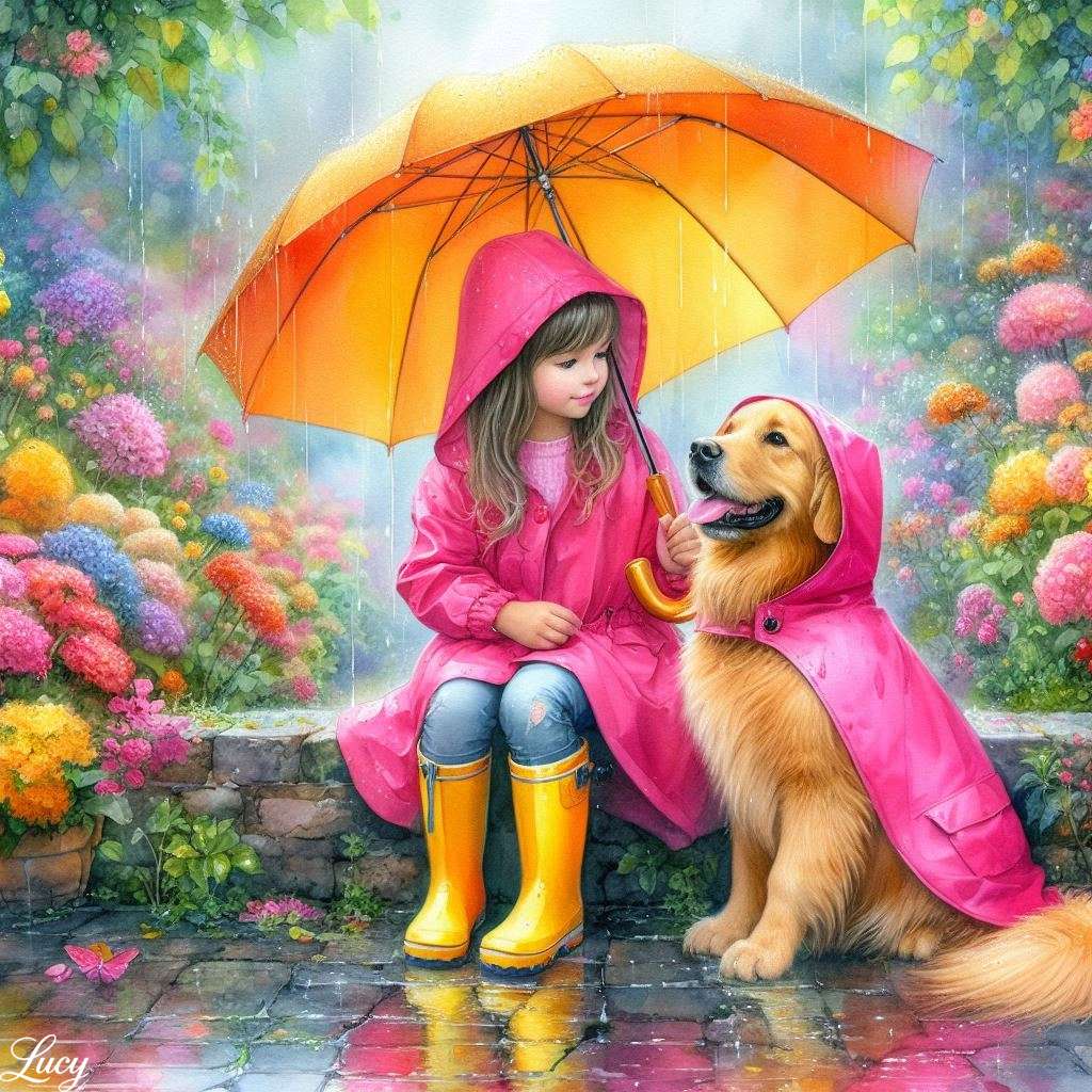 Ze zitten onder een levendige oranje paraplu legpuzzel online