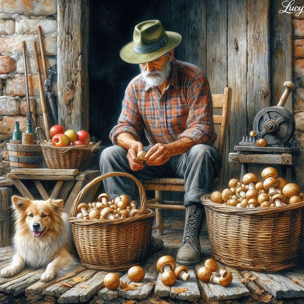 Zwietrzały mężczyzna obiera grzyby puzzle online