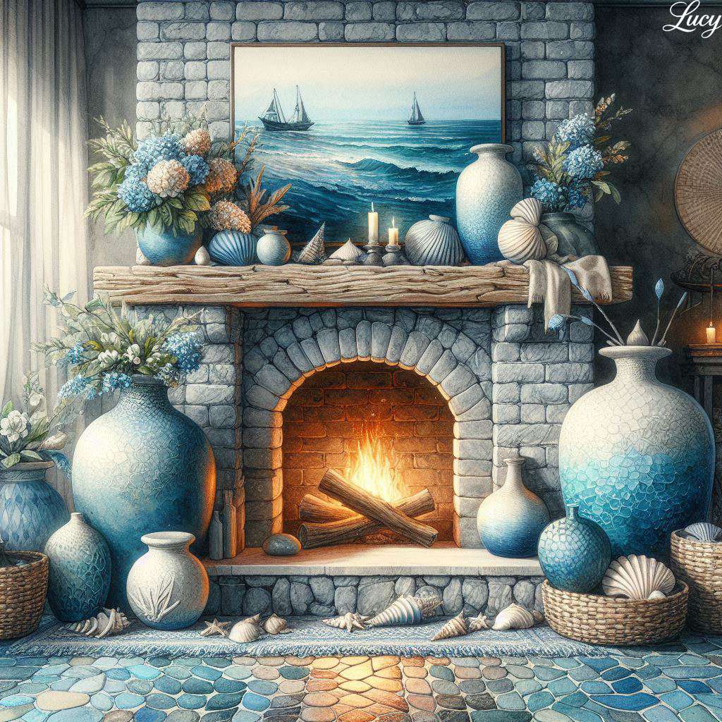 Przybrzeżny salon z rustykalnym kamiennym kominkiem puzzle online