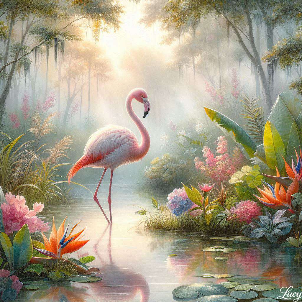 Flamingo stoi elegancko w stawie puzzle online