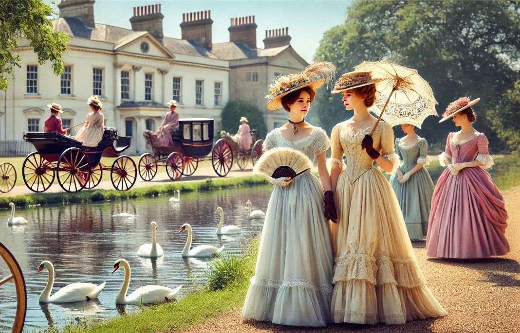 Young Victorian women walking near a lake online puzzle