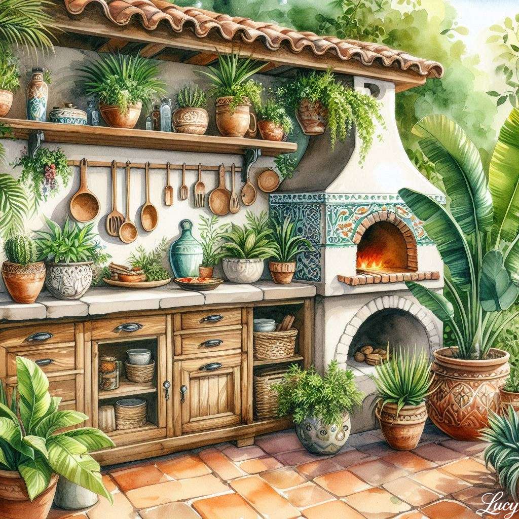 Rustykalna kuchnia na zewnątrz położona w bujnej zieleni puzzle online
