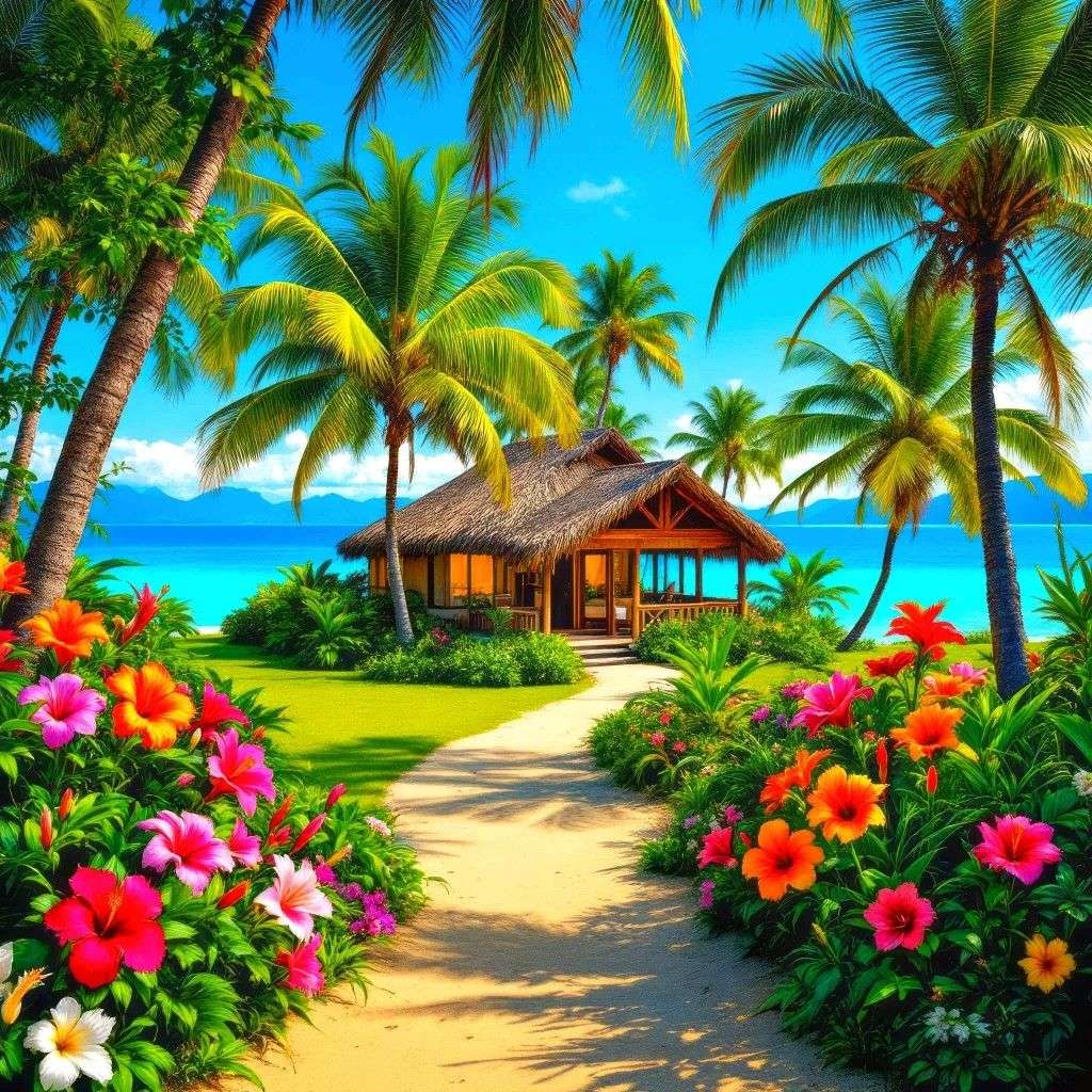 Słaskowy dom wśród palm i kwiatów puzzle online