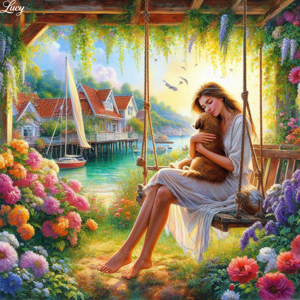 Woman gently cradling a small brown dog jigsaw puzzle online