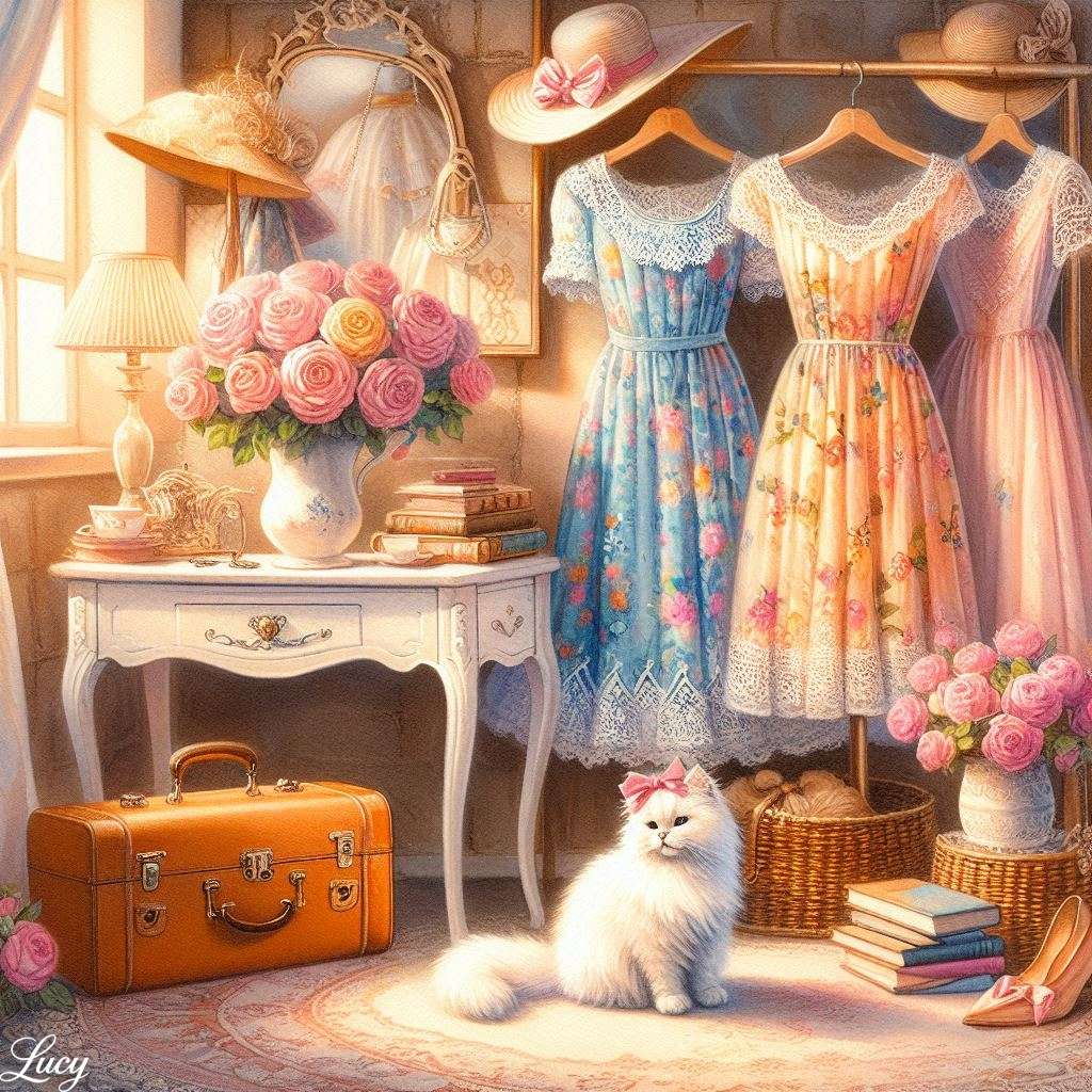 Puszysty biały kot ubrany w różowy łuk puzzle online