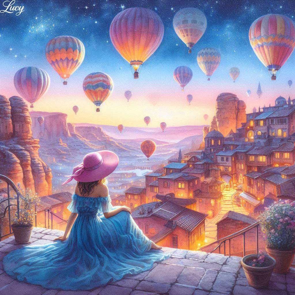 Balony na gorące powietrze dryfujące nad magicznym miastem puzzle online