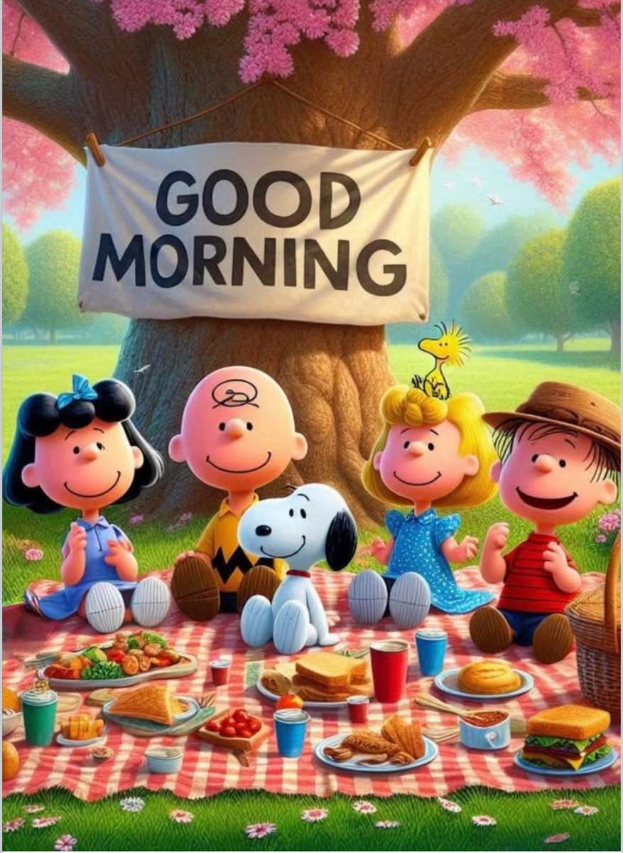 チャーリー、スヌーピー、友人はピクニックランチを共有しています。 オンラインパズル