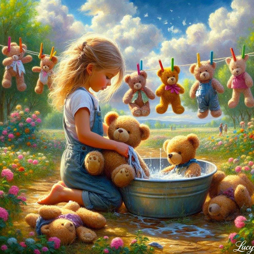 Młoda dziewczyna z miłością dąży do swoich misiów puzzle online