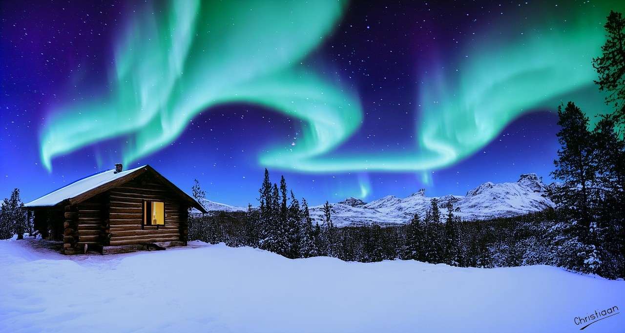 Aurora, chata bali, zima. puzzle online