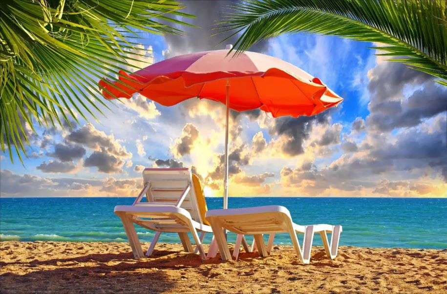 Leżak i parasol na plaży w Albufeirze puzzle online