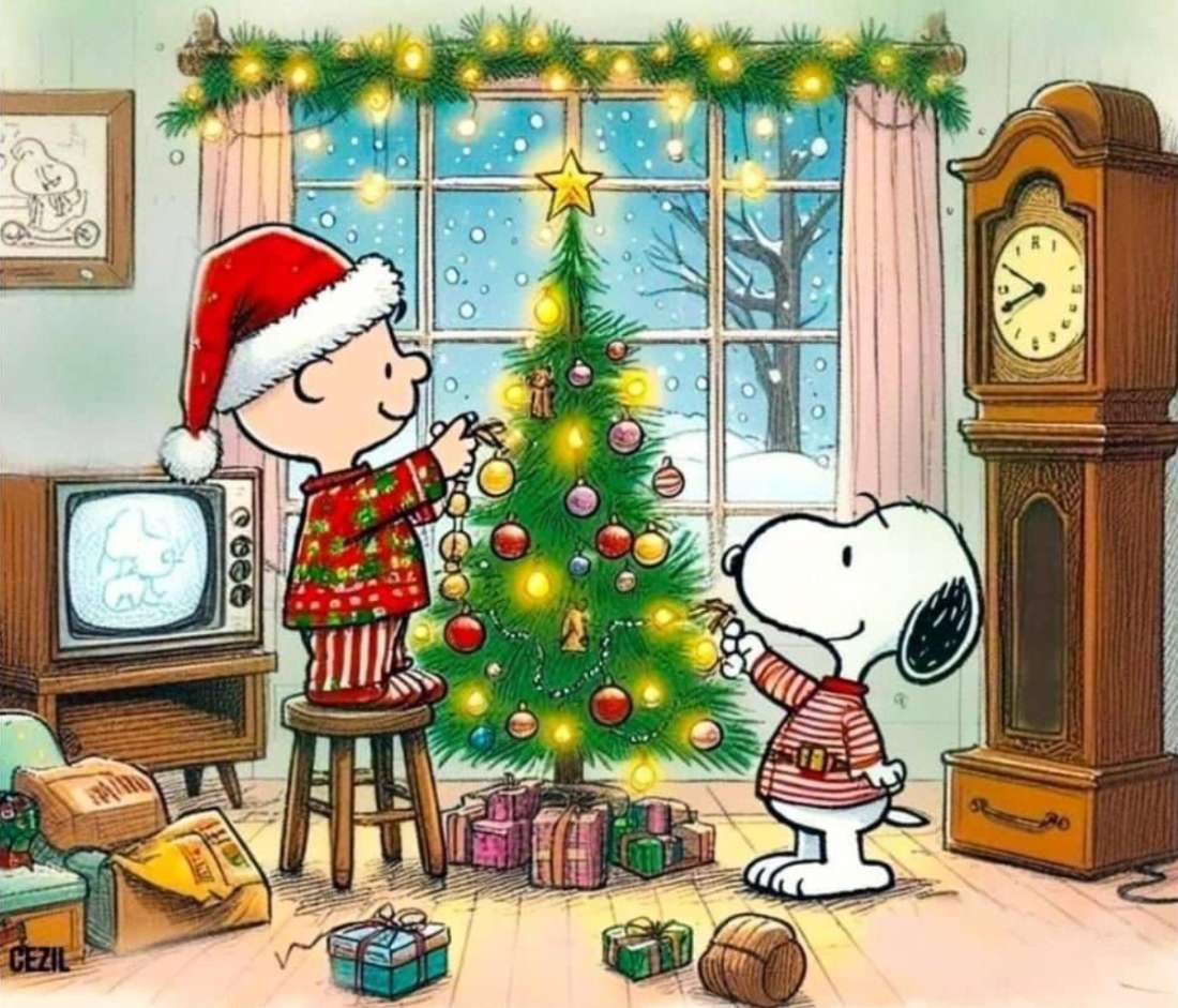 Snoopy i Charlie udekorują choinkę puzzle online