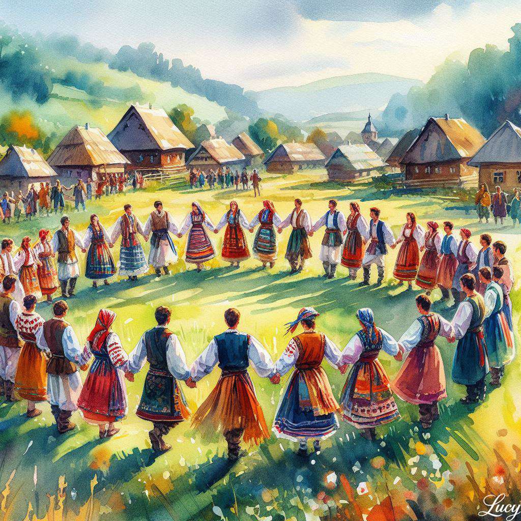 Tancerze zbierają się razem w dużym kręgu puzzle online