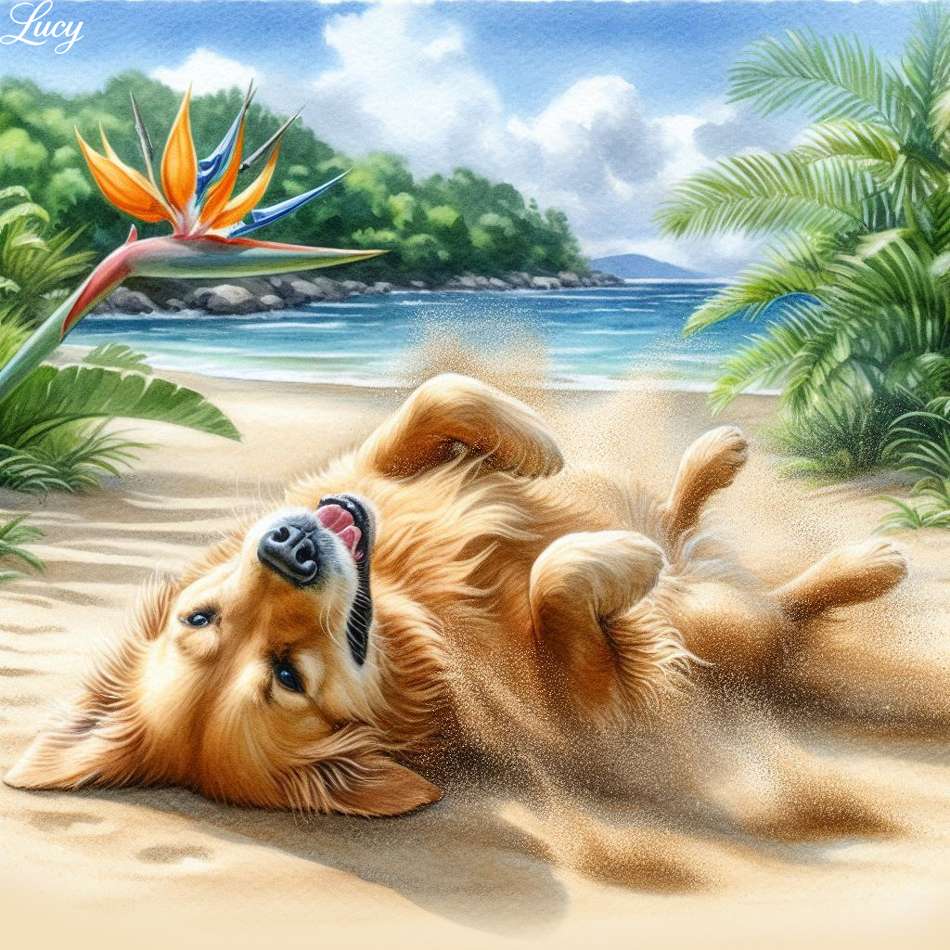 砂の中を転がっているゴールデンレトリバーの犬 ジグソーパズルオンライン