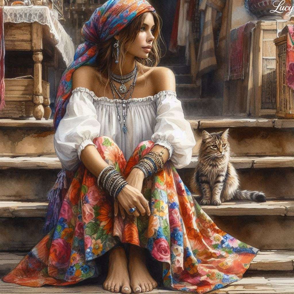 ボヘミアンの女性は木製の階段に座っています オンラインパズル