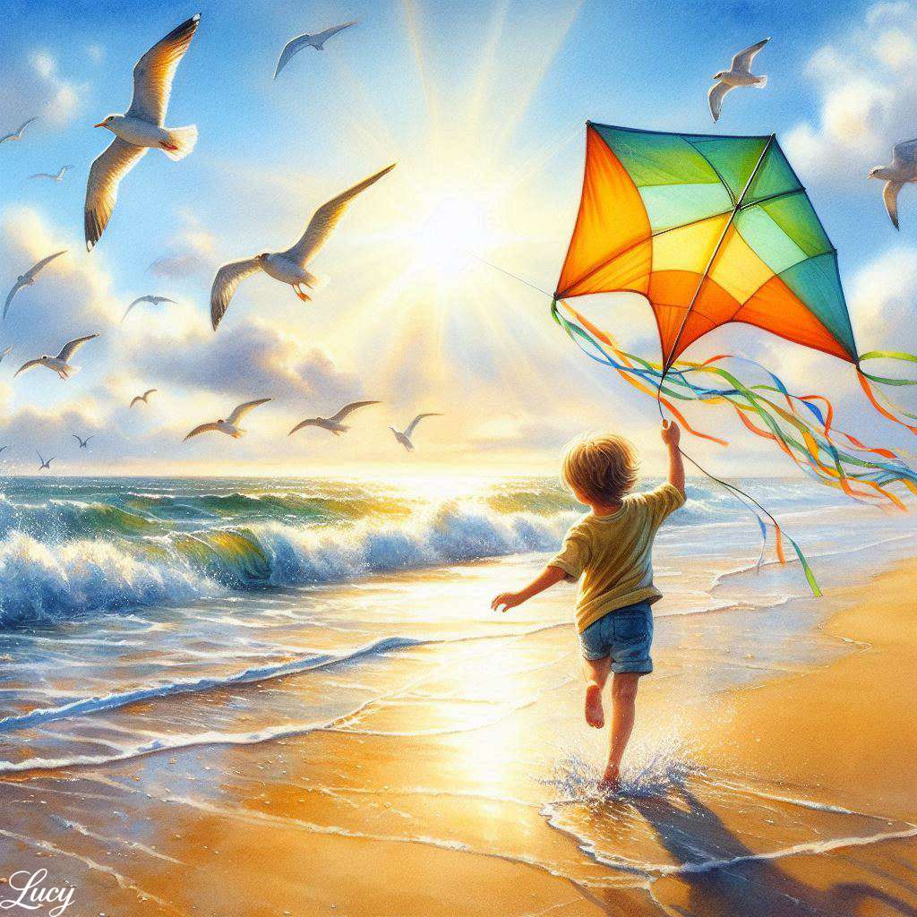 楽しい子供が太陽に照らされたビーチに沿って裸足で走ります ジグソーパズルオンライン