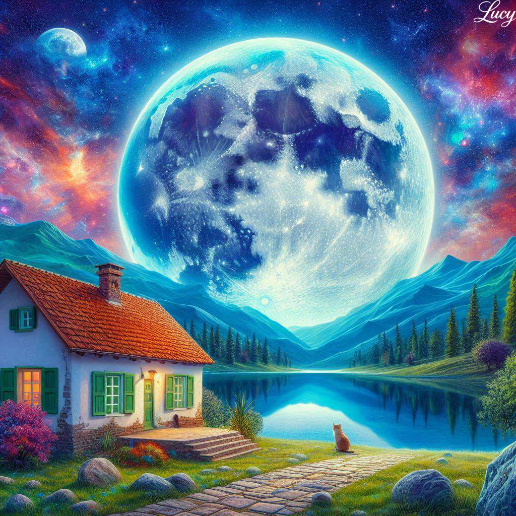 Kosmiczny krajobraz, ogromny księżyc w pełni puzzle online