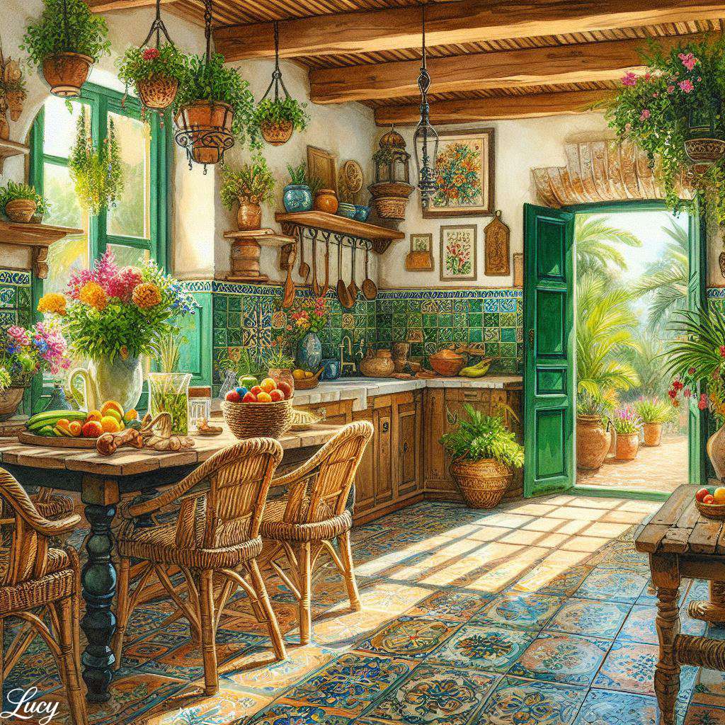 Keuken met rustieke houten balken en groene tegel online puzzel
