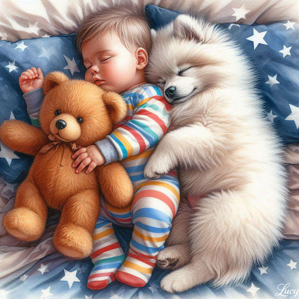 眠っている赤ちゃんとエスキモー犬 ジグソーパズルオンライン