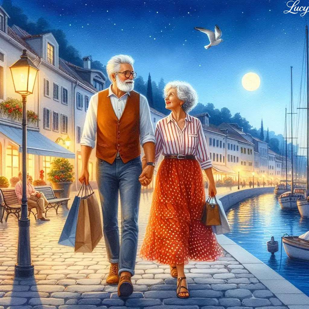 現代の年配のカップルが手をつないで歩きます オンラインパズル