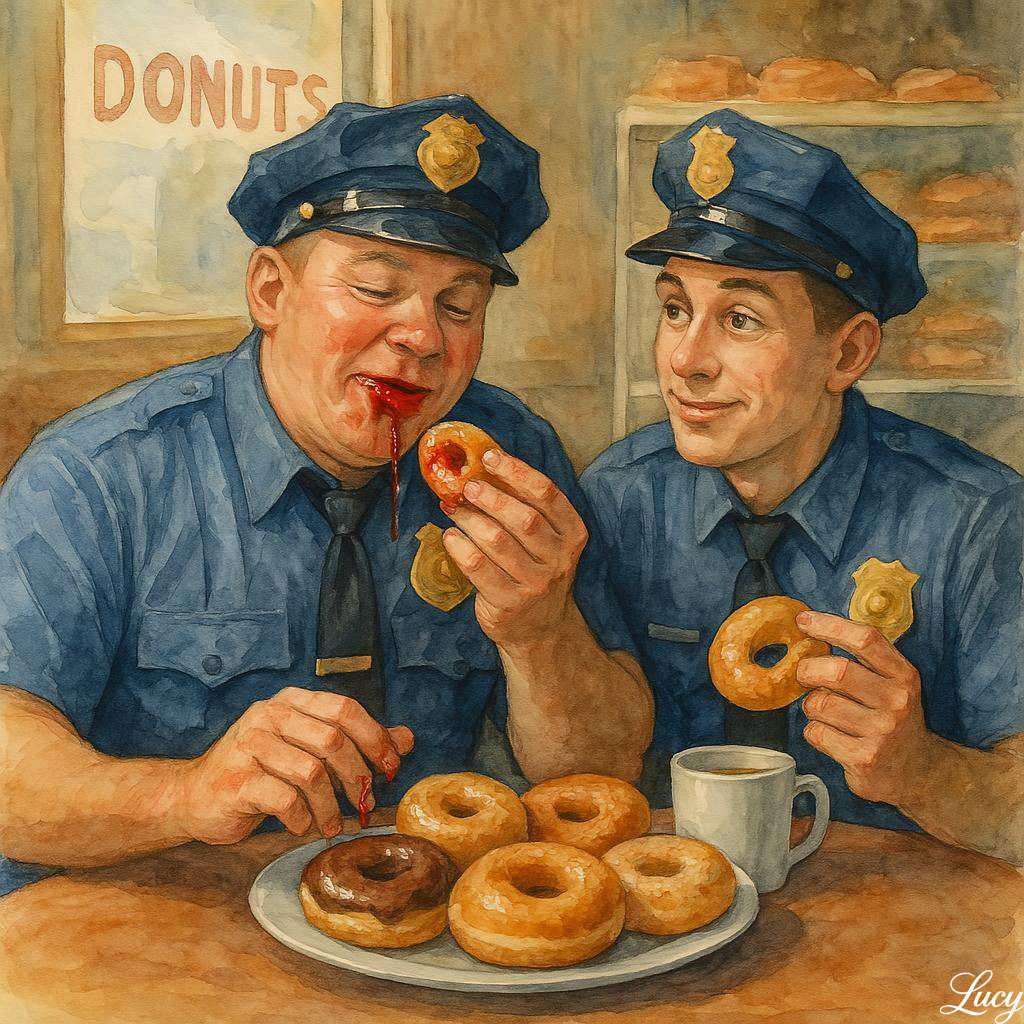 Oficiales de policía sentados en una tienda de donas rompecabezas en línea