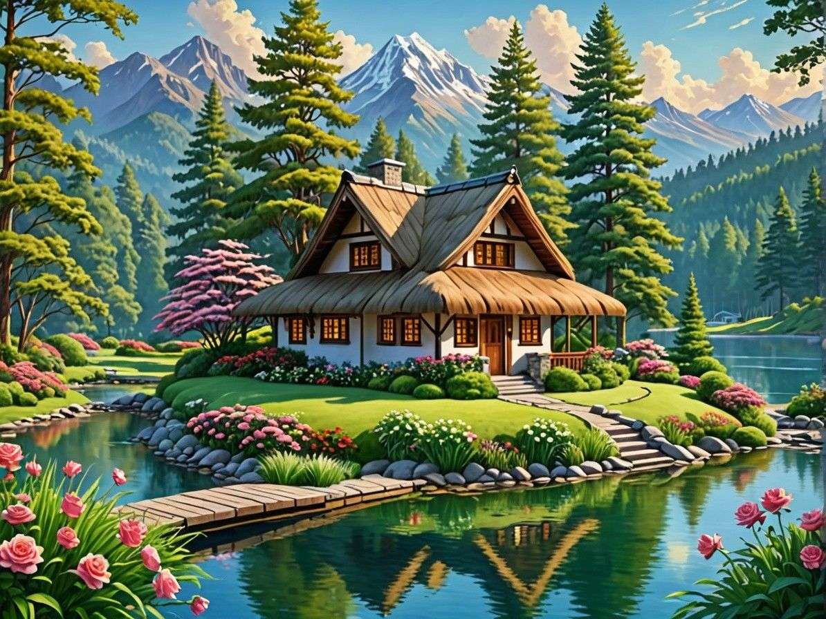 Une maison dans la montagne d'une île puzzle en ligne