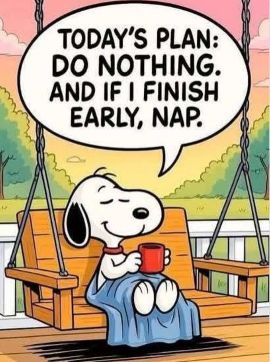 スヌーピーはコーヒーと計画で彼のスイングでリラックスします ジグソーパズルオンライン