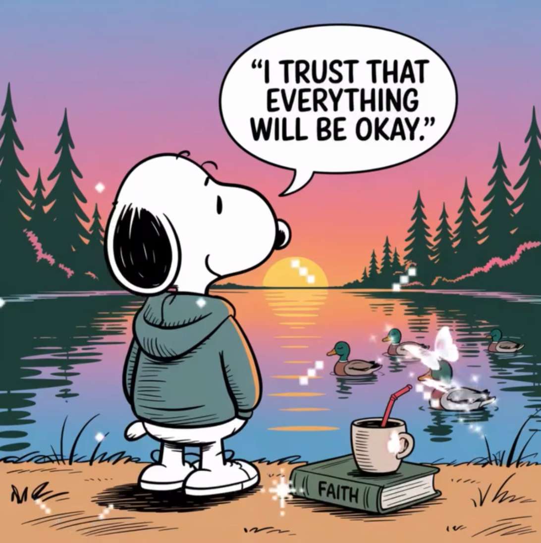 スヌーピーは湖で平和な考えを持っています。 ジグソーパズルオンライン