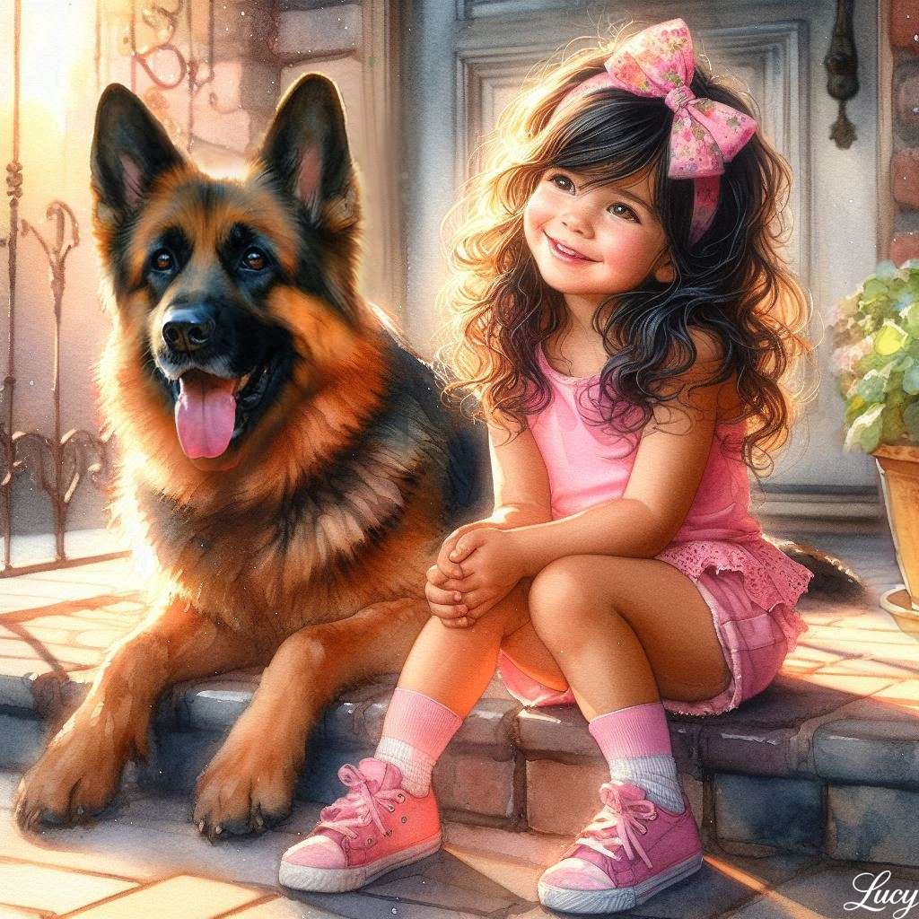 Garota sentada ao lado de seu leal pastor alemão puzzle online