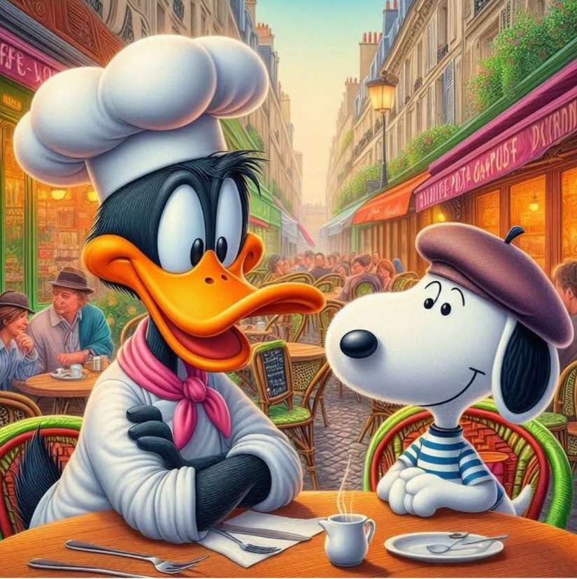 パリカフェのスヌーピーとムッシューカナード。 オンラインパズル
