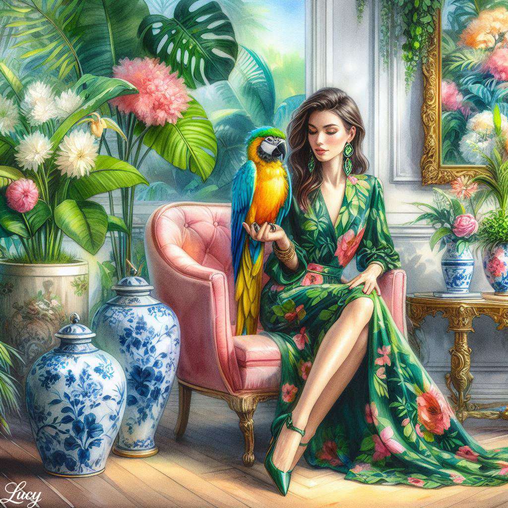 緑の花のドレスを着たスタイリッシュな女性 オンラインパズル