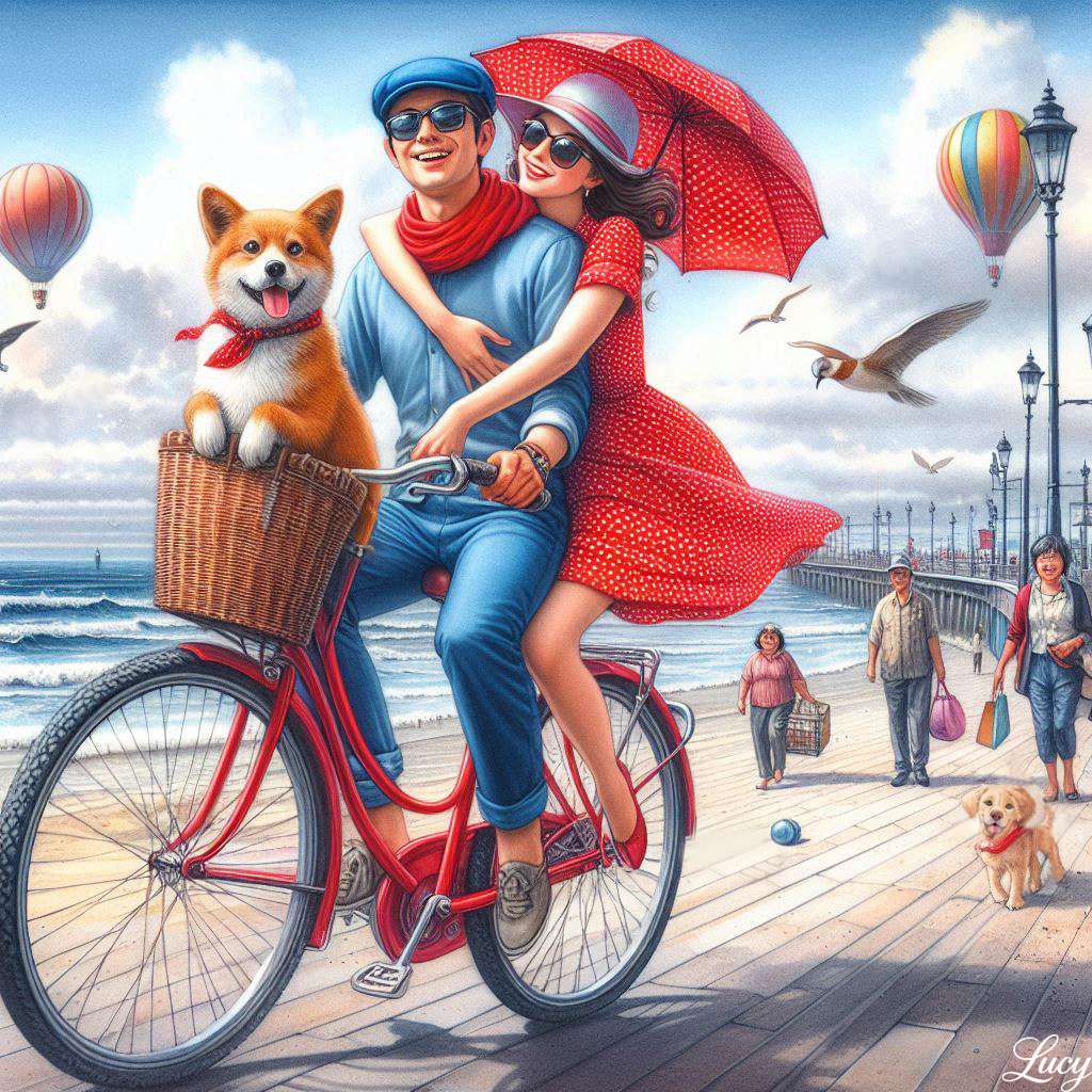 明るい赤い自転車に乗っている楽しいカップル ジグソーパズルオンライン