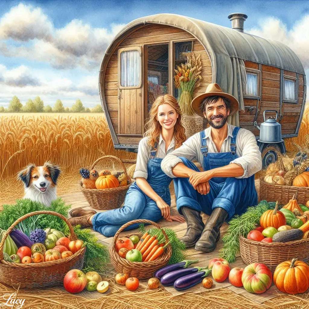 笑顔のカップルをフィーチャーした田舎の収穫シーン ジグソーパズルオンライン