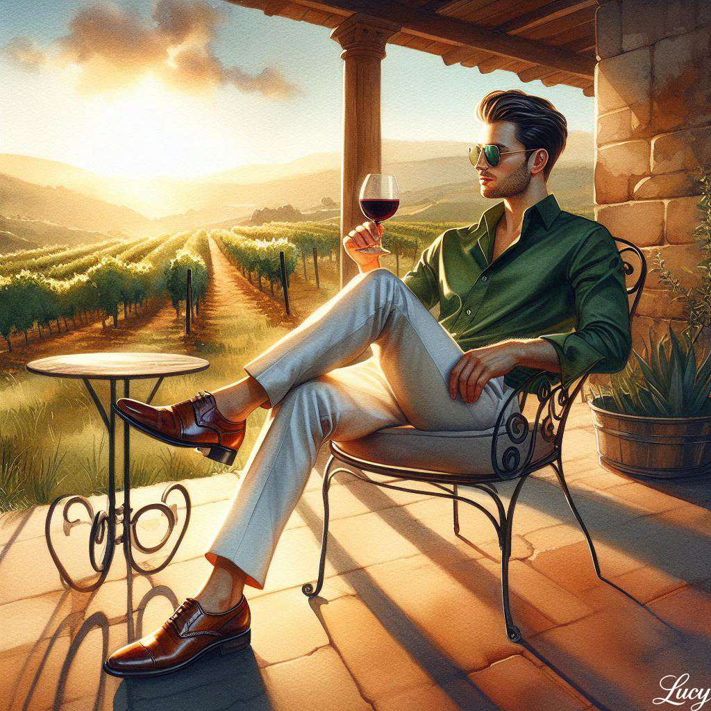 錬鉄製の椅子に座ったスタイリッシュな男 オンラインパズル